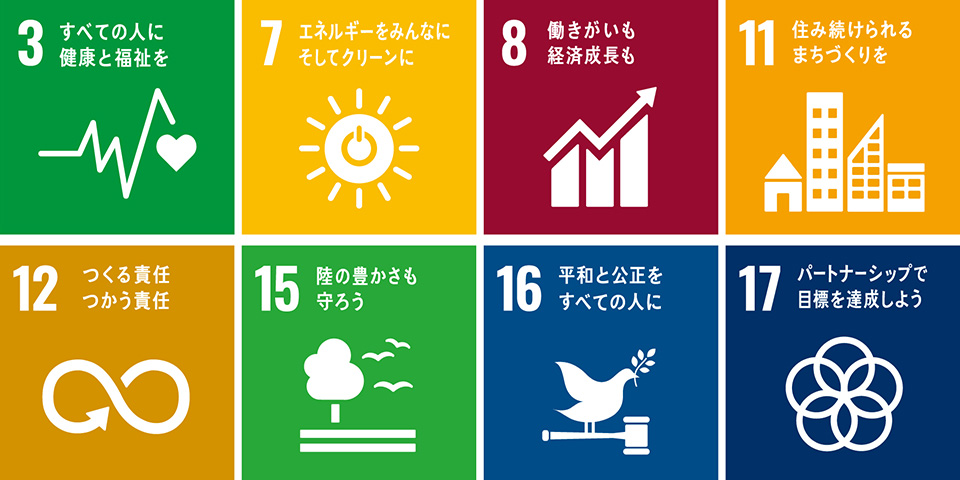 拓友建設のSDGsの取り組み（3、7、8、11、12、15、16、17）